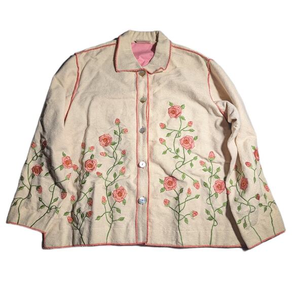 Vintage Jackets & Blazers - Vtg 1990s Monterey Bay Beige Rose Floral Embroidered Button Up Barn Jacket Sz XL